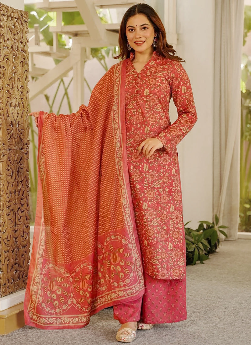 Vegaa Fashion Red Orange Printed Cotton Salwar Suit | Grocsy