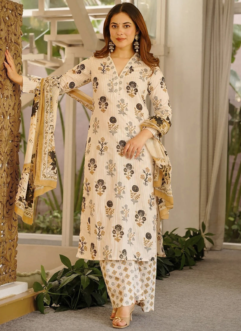Vegaa Fashion Cream Printed Cotton Salwar Suit | Grocsy