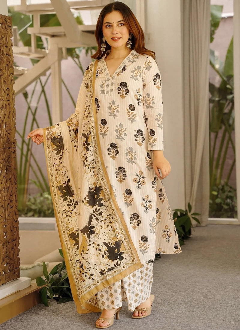 Vegaa Fashion Cream Printed Cotton Salwar Suit | Grocsy