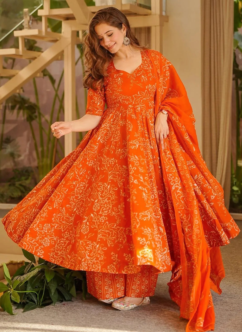Vegaa Fashion Orange Printed Muslin Salwar Suit | Grocsy