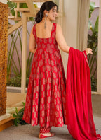 Vegaa Fashion Red Printed Muslin Salwar Suit | Grocsy
