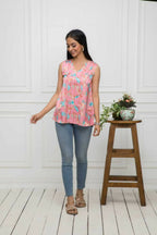 Myshka Women Multi-Abstract V-Neck No Sleeves Polyester Top | Grocsy