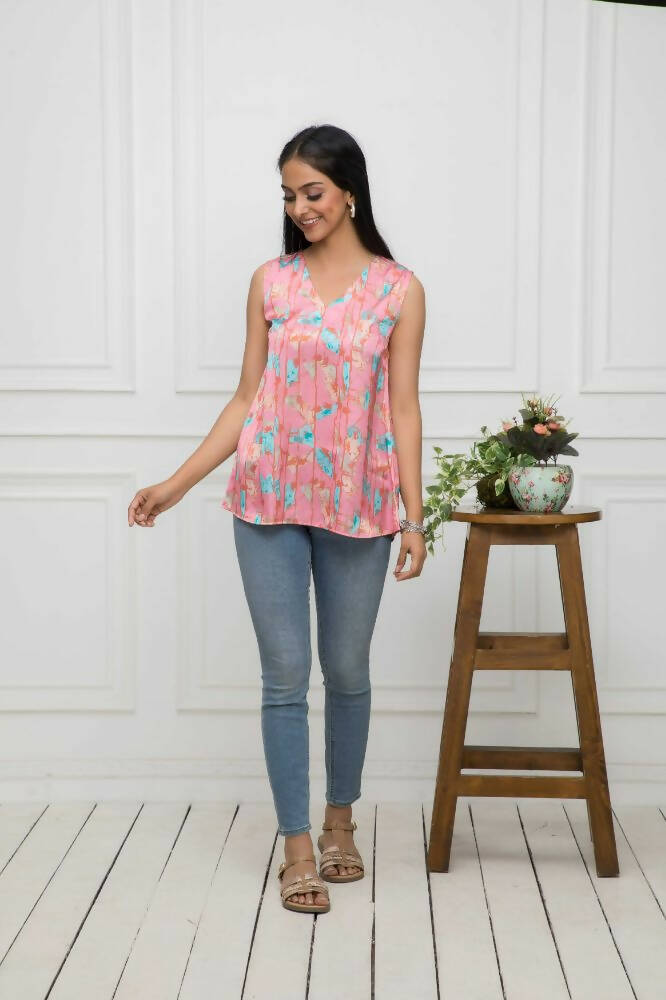 Myshka Women Multi-Abstract V-Neck No Sleeves Polyester Top | Grocsy