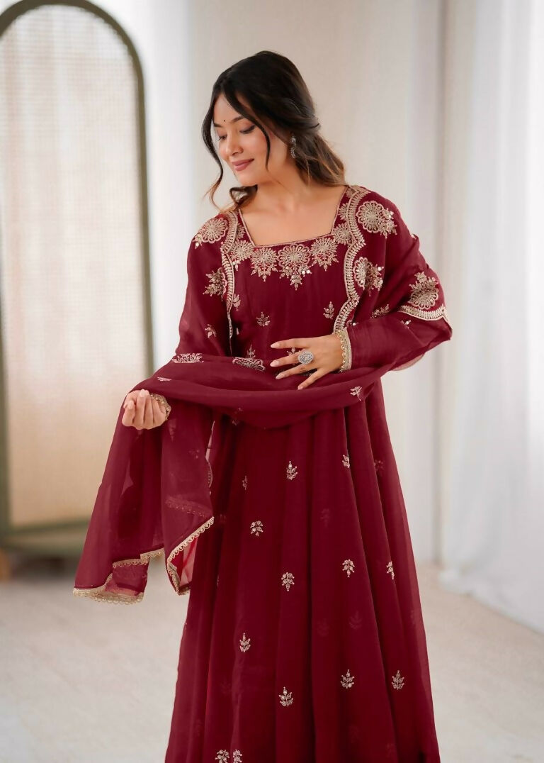 Teeya Creation Maroon Color Crunchy Silk Embroidery Work Wedding Wear Gown | Grocsy