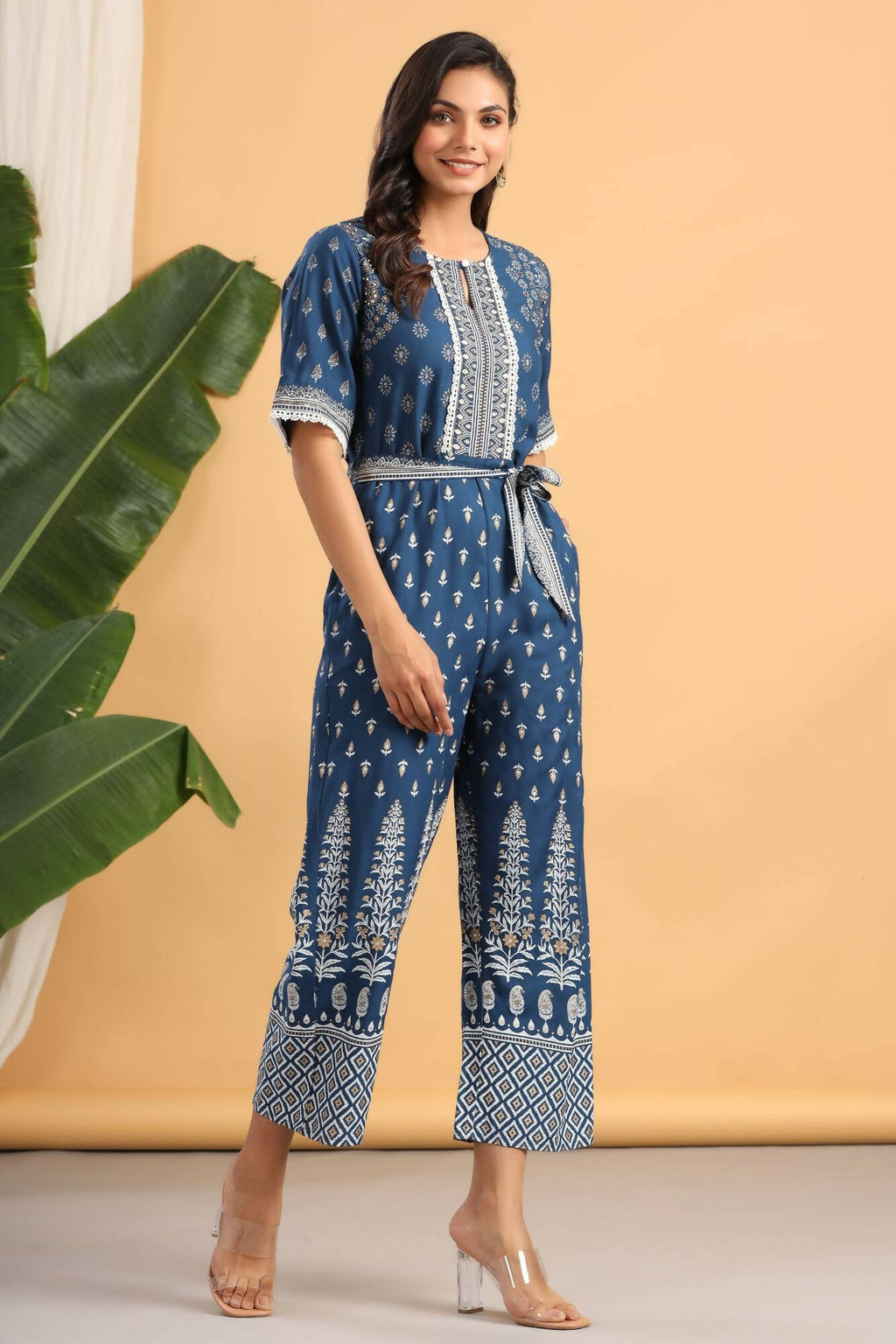 Juniper Women Indigo Rayon Printed Straight Jumpsuit | Grocsy