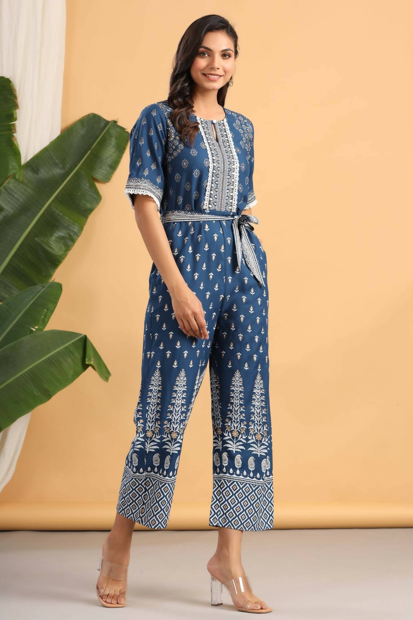 Juniper Women Indigo Rayon Printed Straight Jumpsuit | Grocsy