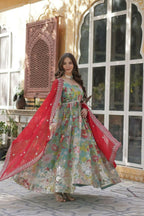 Vastranavya Multicolor Russian Silk Foil Embroidery with Zari Sequins & Digital Printed Gown Dupatta | Grocsy