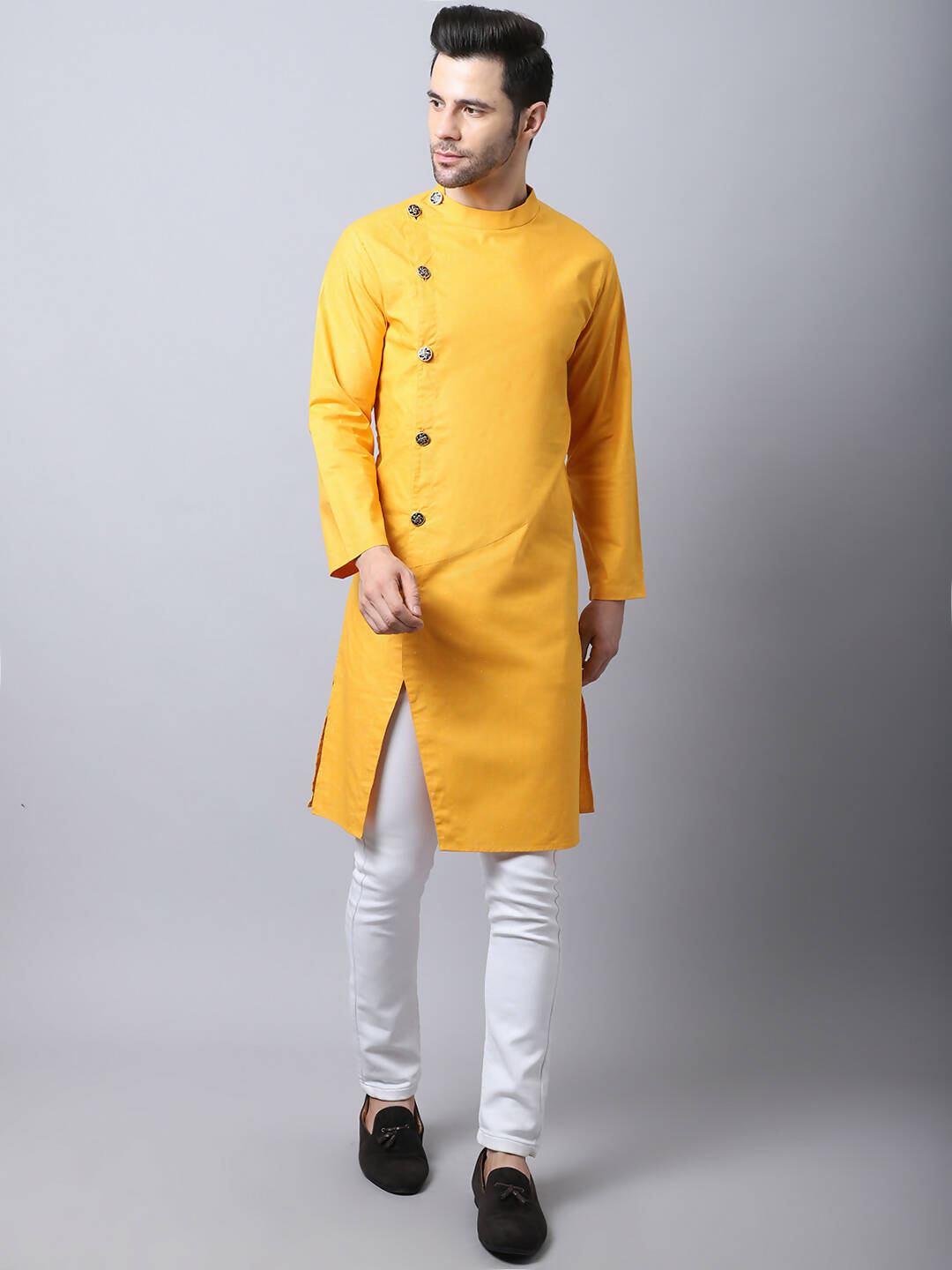 Even Apparels Yellow Pure Cotton Sherwani Kurta With Asymetrical Cut | Grocsy