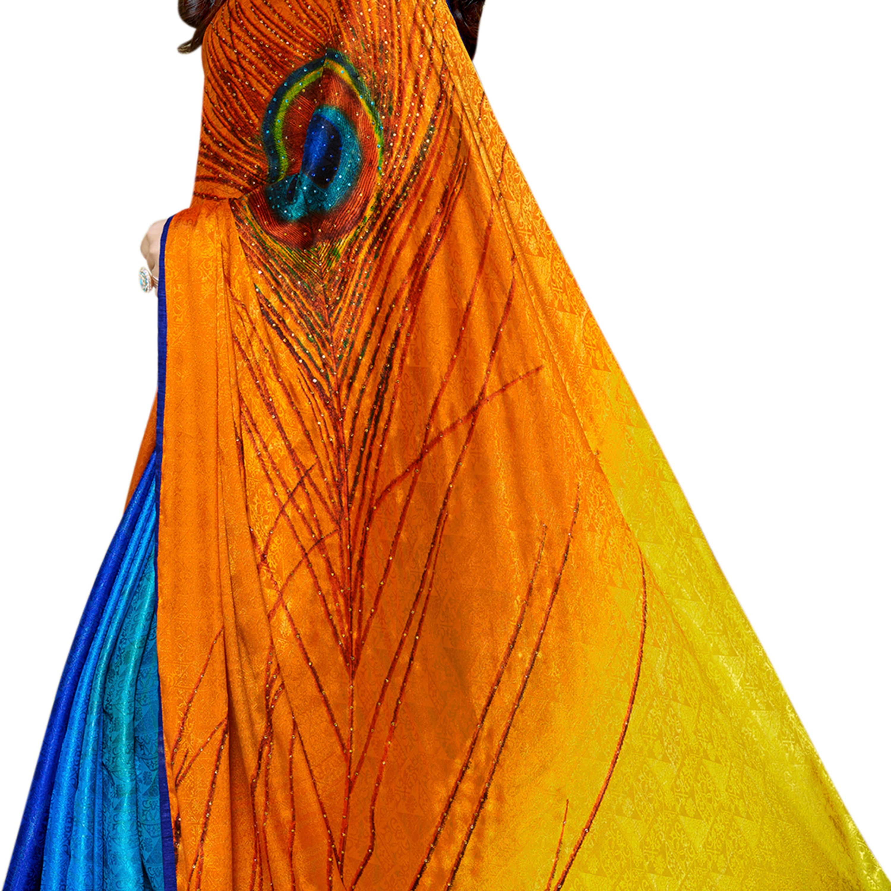 Vamika Blue & Yellow Desinger China Chifon With Piping And Lace Saree | Grocsy
