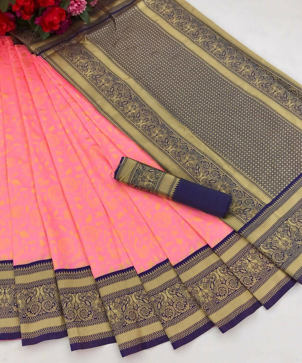 DEIANA'S Beautiful Designer Golden zari Soft Lichi Silk Saree - Peach | Grocsy