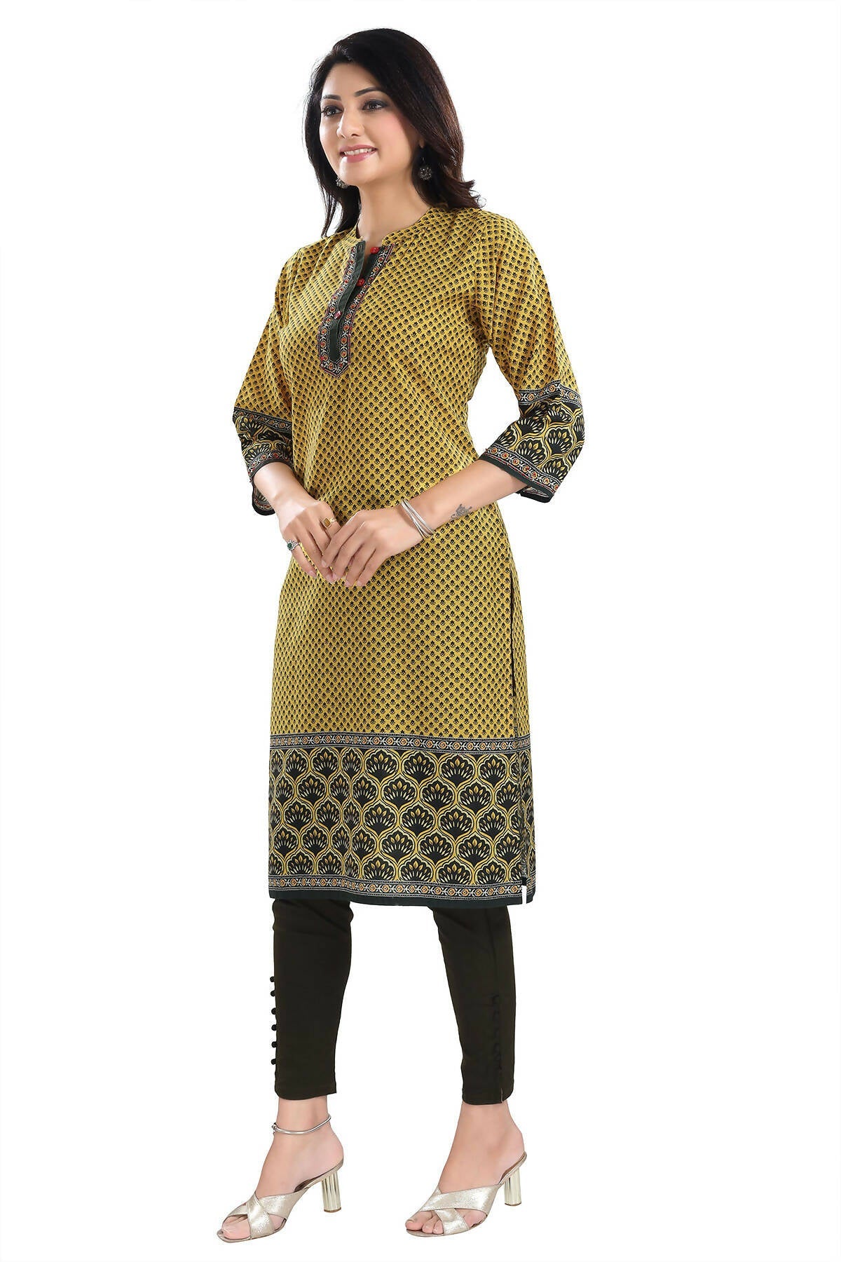 Snehal Creations Yellow Designer Digital Print Cotton Slub Fabric Long Kurti Tunic | Grocsy
