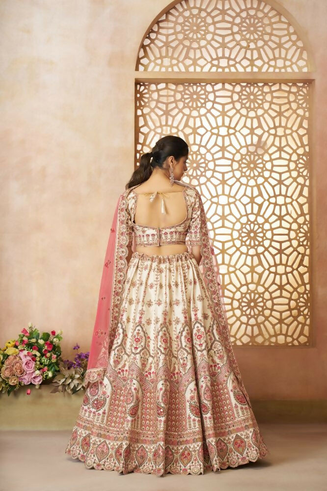 Kesar Fab White Silk Embroidered Lehenga | Grocsy
