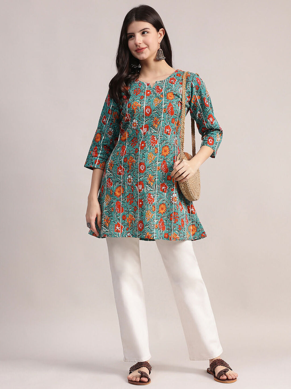 Aavyora Women's Teal Green Cotton A-Line Tunic with Red Floral Print and All-Over Pintuck Details | Grocsy