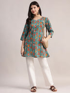 Aavyora Women's Teal Green Cotton A-Line Tunic with Red Floral Print and All-Over Pintuck Details | Grocsy