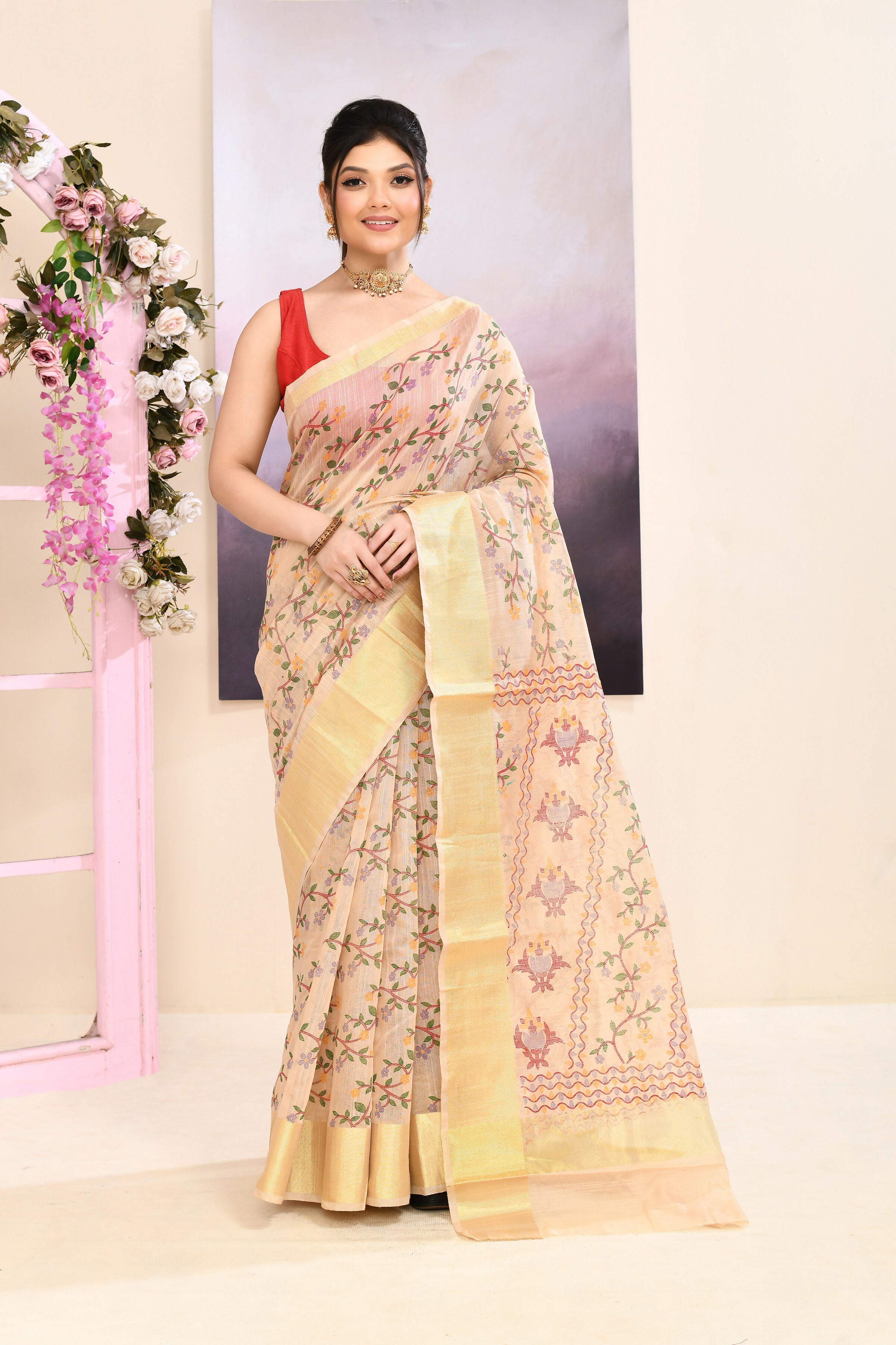 Piyari Fashion Women's Beige Embellished Cotton Blend Printed Saree | Grocsy