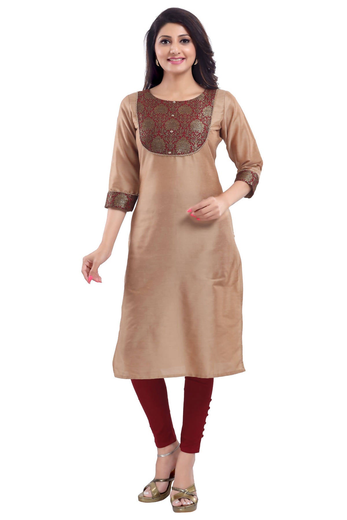 Snehal Creations Beige Cotton Silk Kurti Top | Grocsy