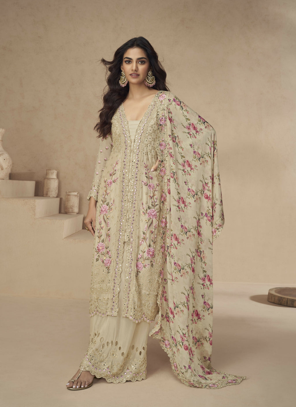 Anaita Cream Chinon Readymade Suit with Embroidery Sequence Work | Grocsy