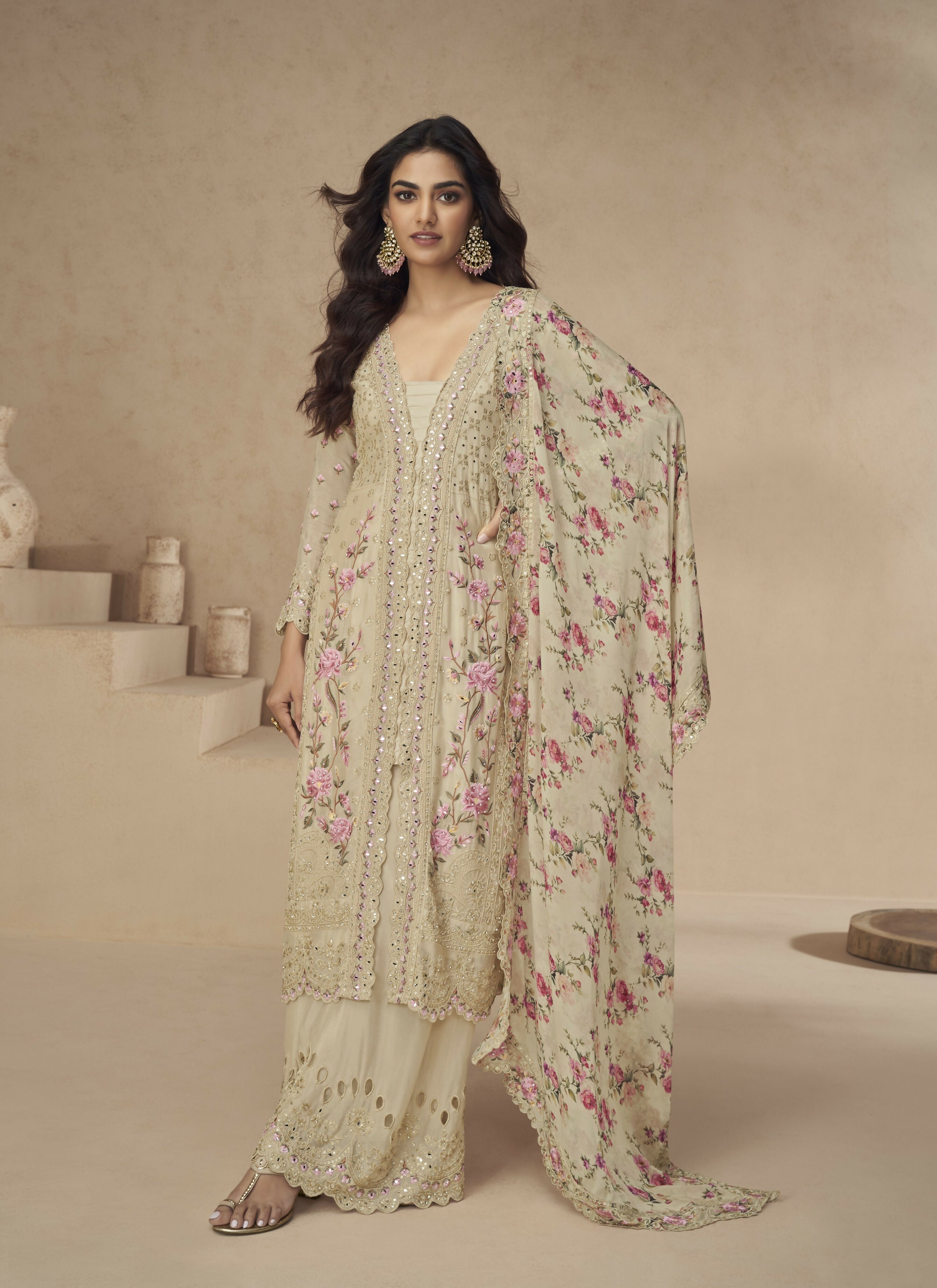 Anaita Cream Chinon Readymade Suit with Embroidery Sequence Work | Grocsy