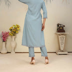 Jyoti Fashion Women's Sky Blue Rinkal Cotton Plain with Side Pocket Kurtis & Sets | Grocsy
