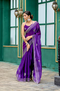 Vastranavya Purple-Blue Embroidery Work Shimmer Chiffon Saree with Unstitched Blouse | Grocsy