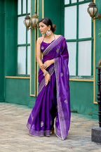 Vastranavya Purple-Blue Embroidery Work Shimmer Chiffon Saree with Unstitched Blouse | Grocsy