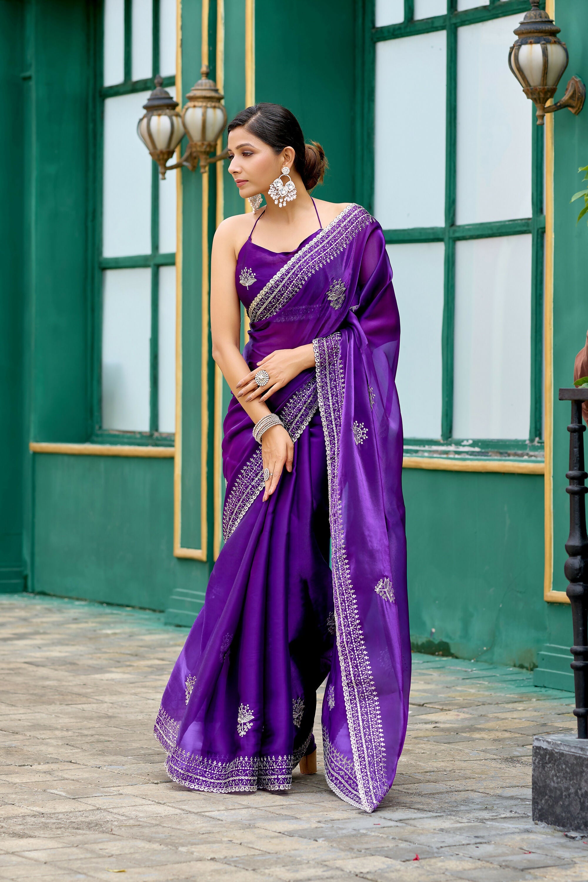 Vastranavya Purple-Blue Embroidery Work Shimmer Chiffon Saree with Unstitched Blouse | Grocsy