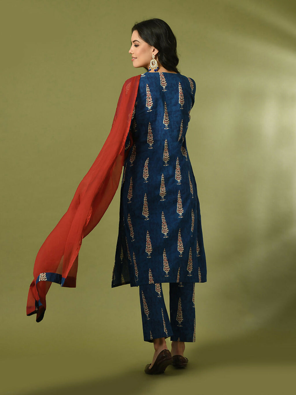 Myshka Women's Blue Printed Cotton Straight Party Kurta Set With Dupatta | Grocsy
