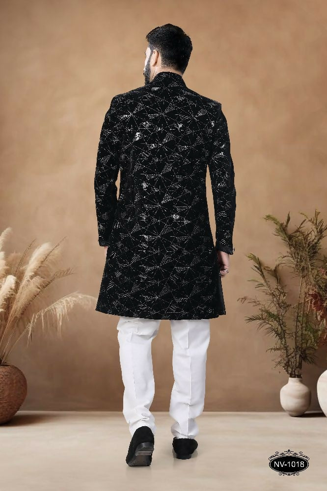 Joban Fashion Men's Black Straight Velvet Thread & Sequence Embroidery All Over Indo-Western Kurta Set | Grocsy