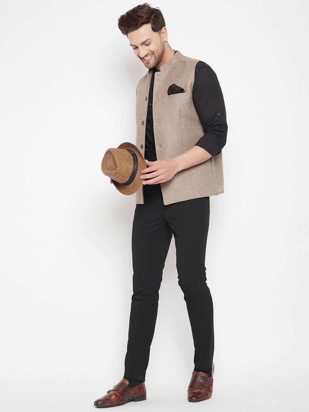 Even Apparels Beige Wool Men Woven Nehru Jacket | Grocsy
