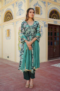 Vaasva Women Teal Muslin Embroidered Kurta, Pant & Dupatta Set | Grocsy