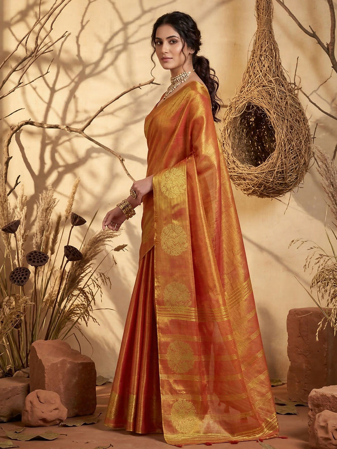 Shree Shyam Fashion Rust Tissue Silk Saree | Grocsy