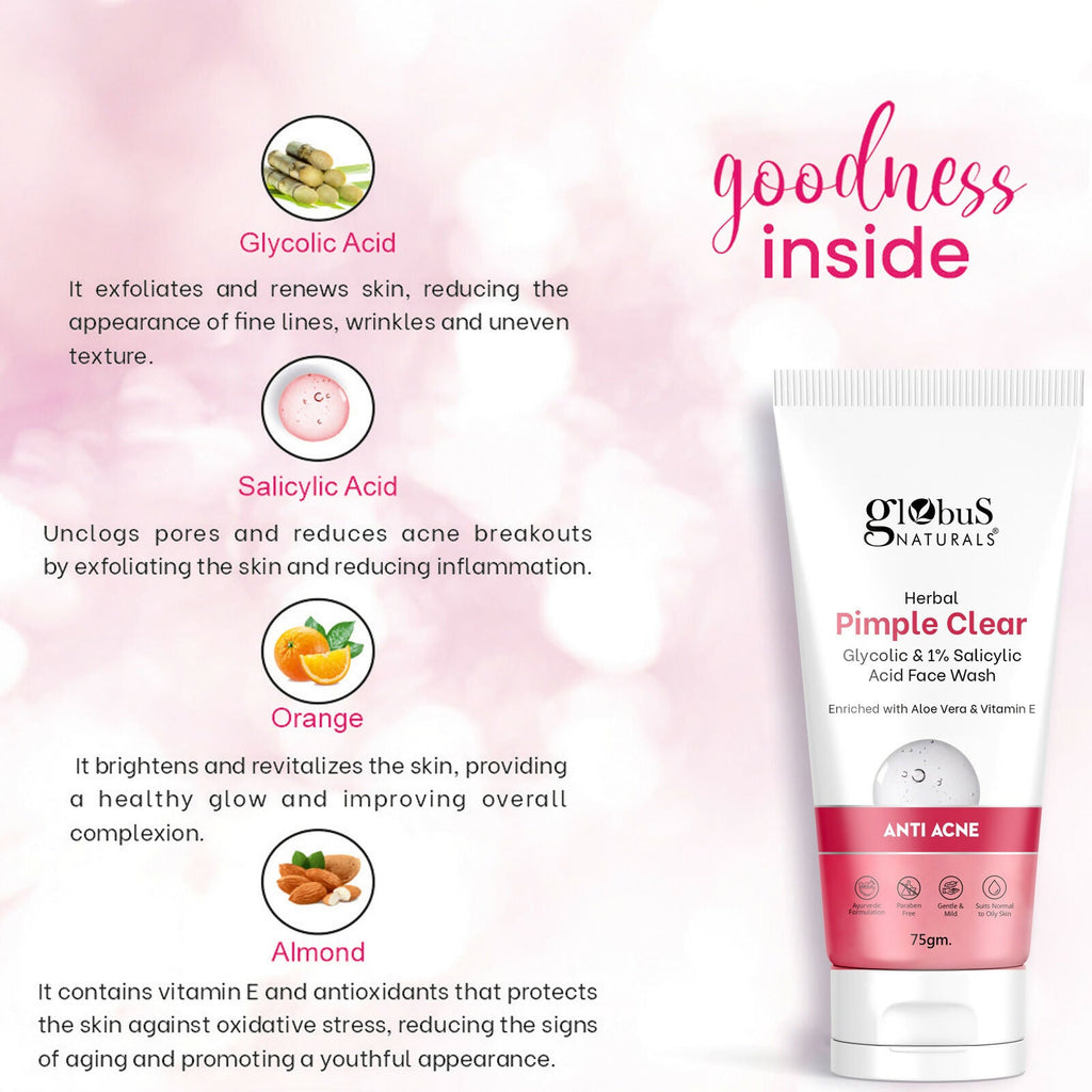 Globus Naturals Herbal Pimple Clear Glycolic & 1% Salicylic Acid Face Wash | Grocsy