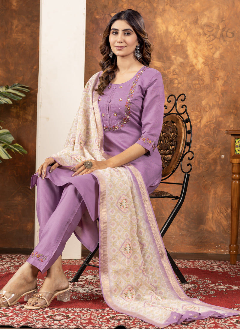 Prazu Fashion Lavender Marina Silk Thread Embroidered Kurta Set | Grocsy