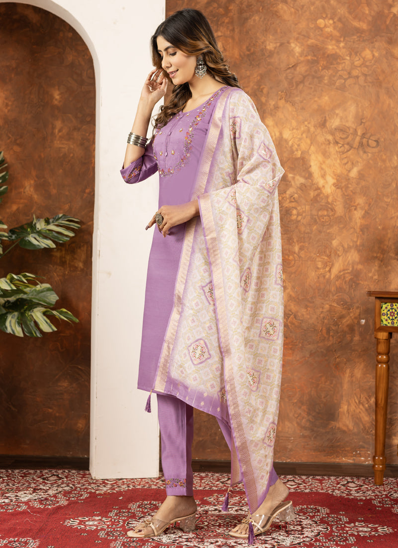 Prazu Fashion Lavender Marina Silk Thread Embroidered Kurta Set | Grocsy
