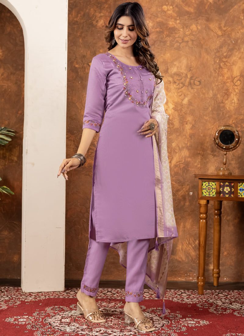 Prazu Fashion Lavender Marina Silk Thread Embroidered Kurta Set | Grocsy