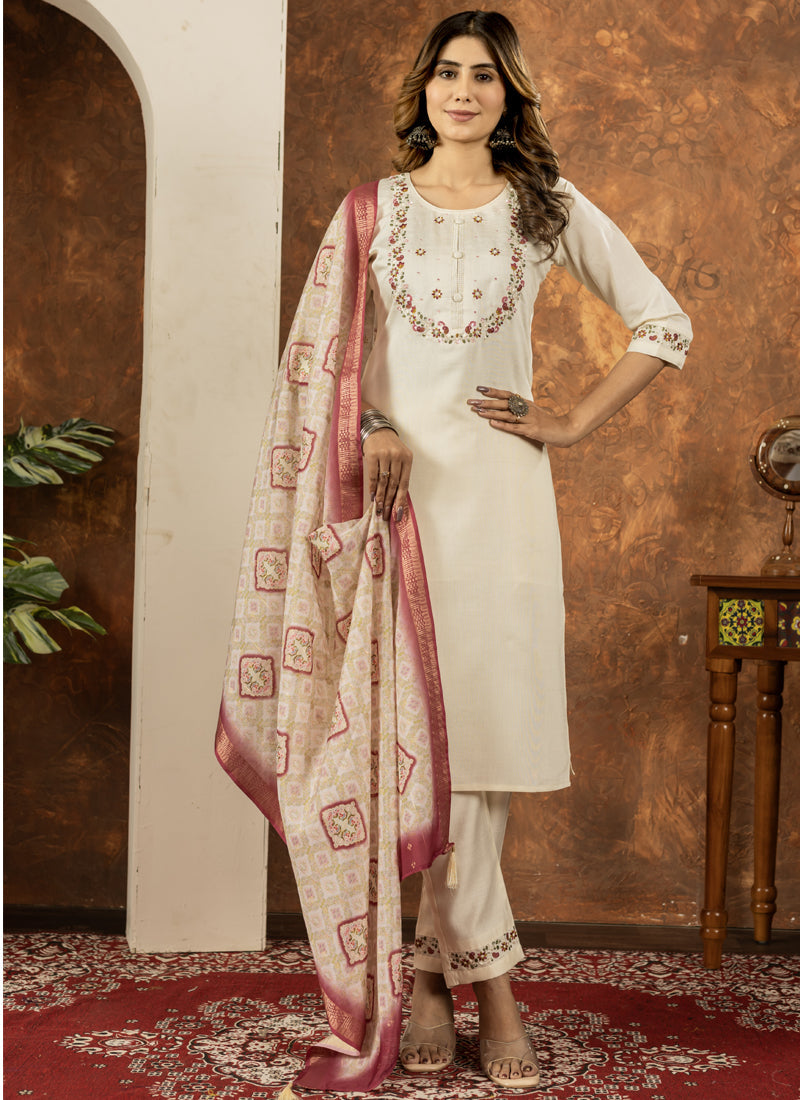 Prazu Fashion Off White Marina Silk Thread Embroidered Kurta Set | Grocsy