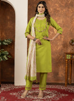 Prazu Fashion Parrot Green Marina Silk Thread Embroidered Kurta Set | Grocsy