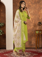 Prazu Fashion Parrot Green Marina Silk Thread Embroidered Kurta Set | Grocsy