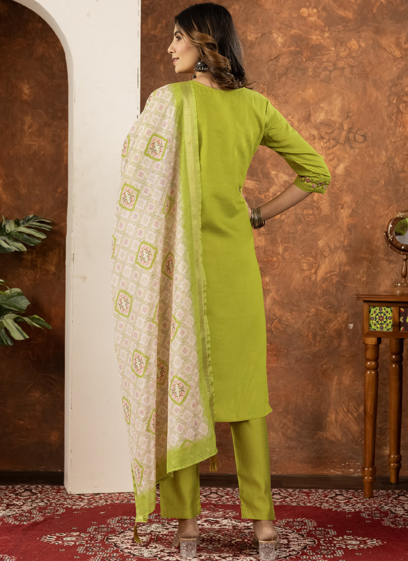 Prazu Fashion Parrot Green Marina Silk Thread Embroidered Kurta Set | Grocsy