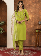 Prazu Fashion Parrot Green Marina Silk Thread Embroidered Kurta Set | Grocsy