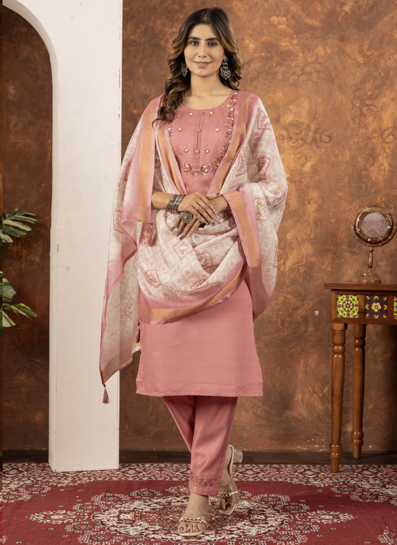Prazu Fashion Peach Marina Silk Thread Embroidered Kurta Set | Grocsy