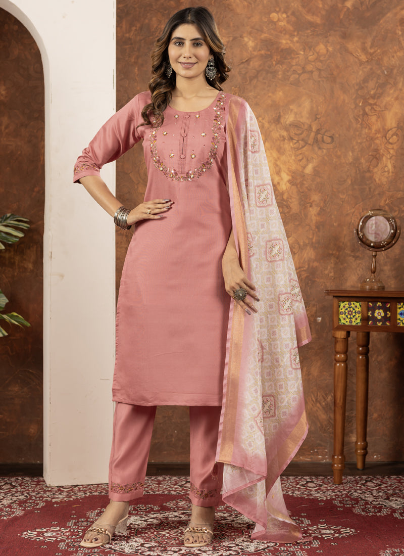 Prazu Fashion Peach Marina Silk Thread Embroidered Kurta Set | Grocsy