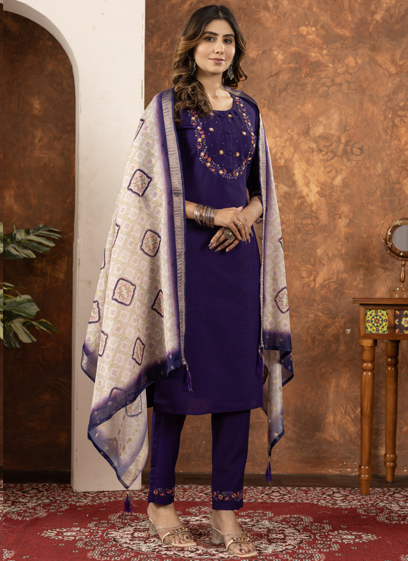 Prazu Fashion Purple Marina Silk Thread Embroidered Kurta Set | Grocsy