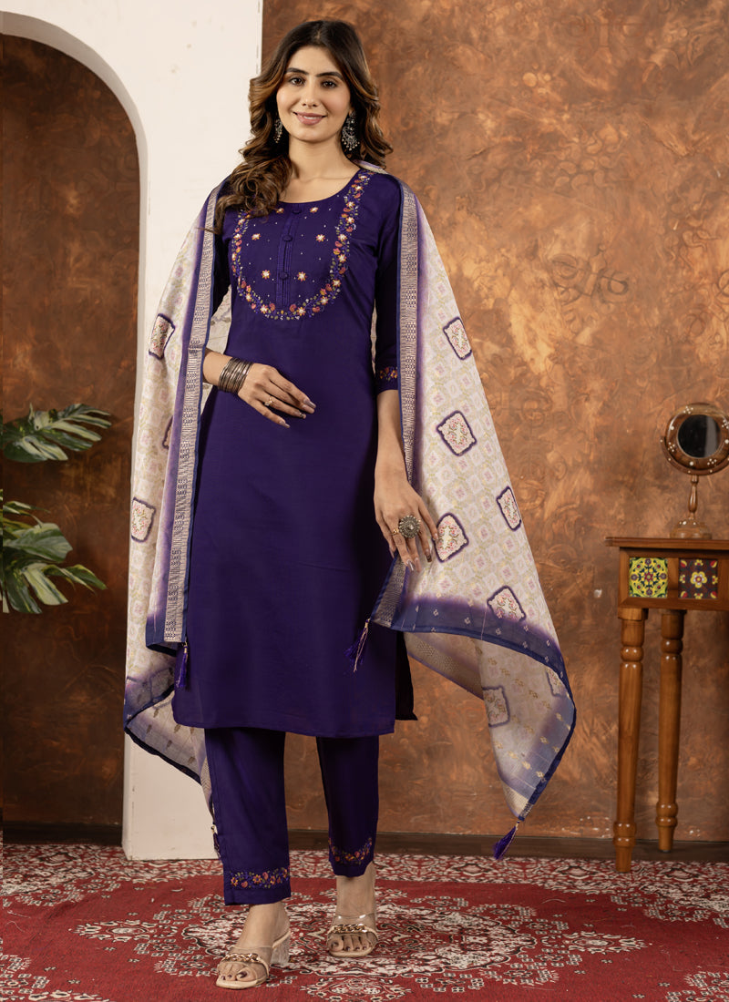 Prazu Fashion Purple Marina Silk Thread Embroidered Kurta Set | Grocsy