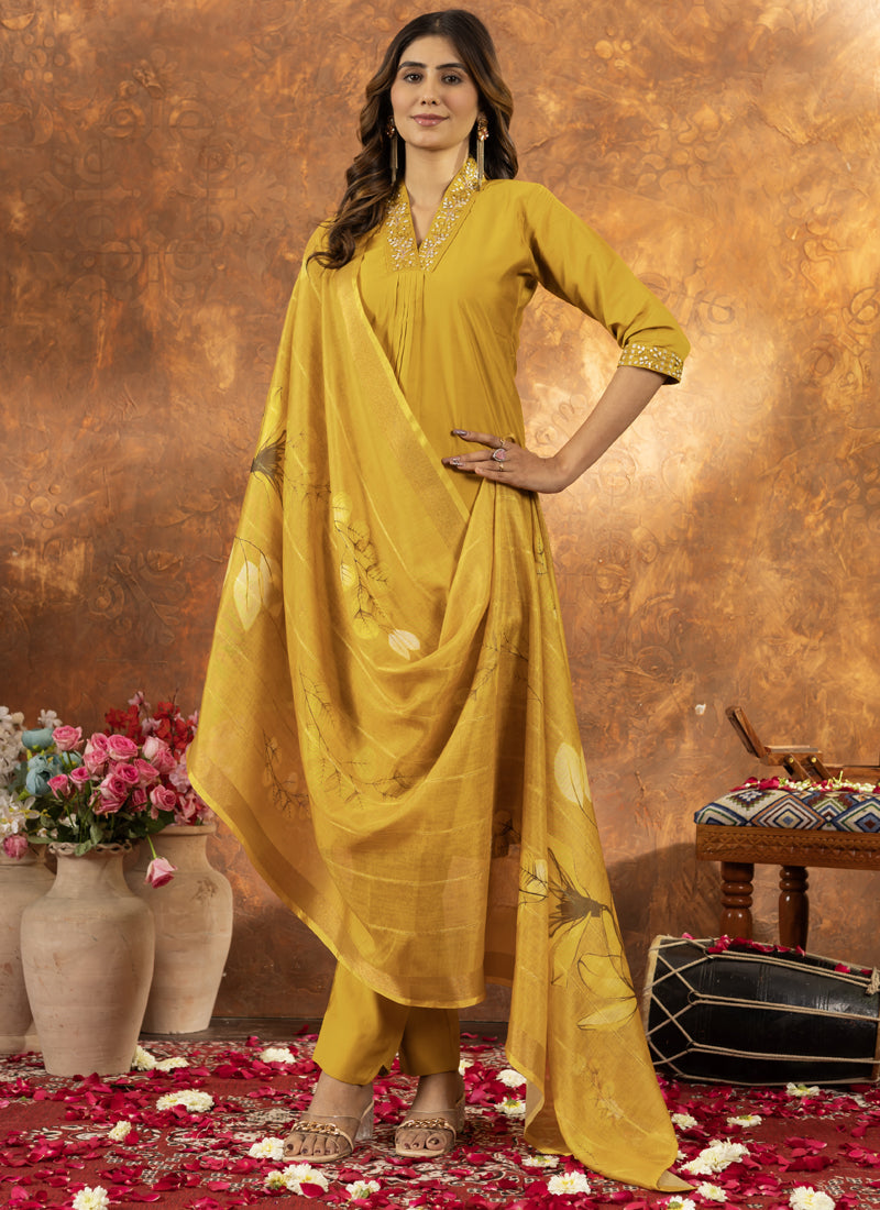 Prazu Fashion Yellow Roman Silk Thread Embroidered Sequence Kurta Set | Grocsy