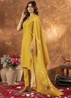 Prazu Fashion Yellow Roman Silk Thread Embroidered Sequence Kurta Set | Grocsy