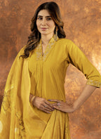 Prazu Fashion Yellow Roman Silk Thread Embroidered Sequence Kurta Set | Grocsy