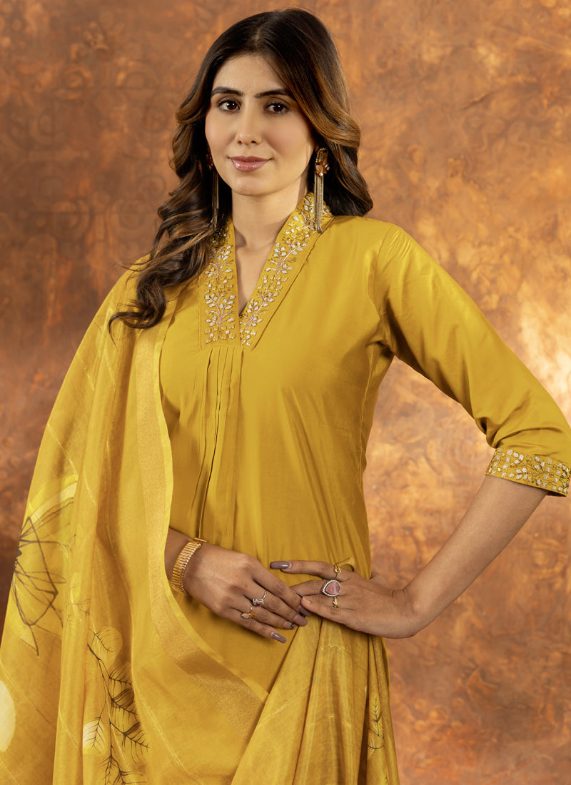 Prazu Fashion Yellow Roman Silk Thread Embroidered Sequence Kurta Set | Grocsy
