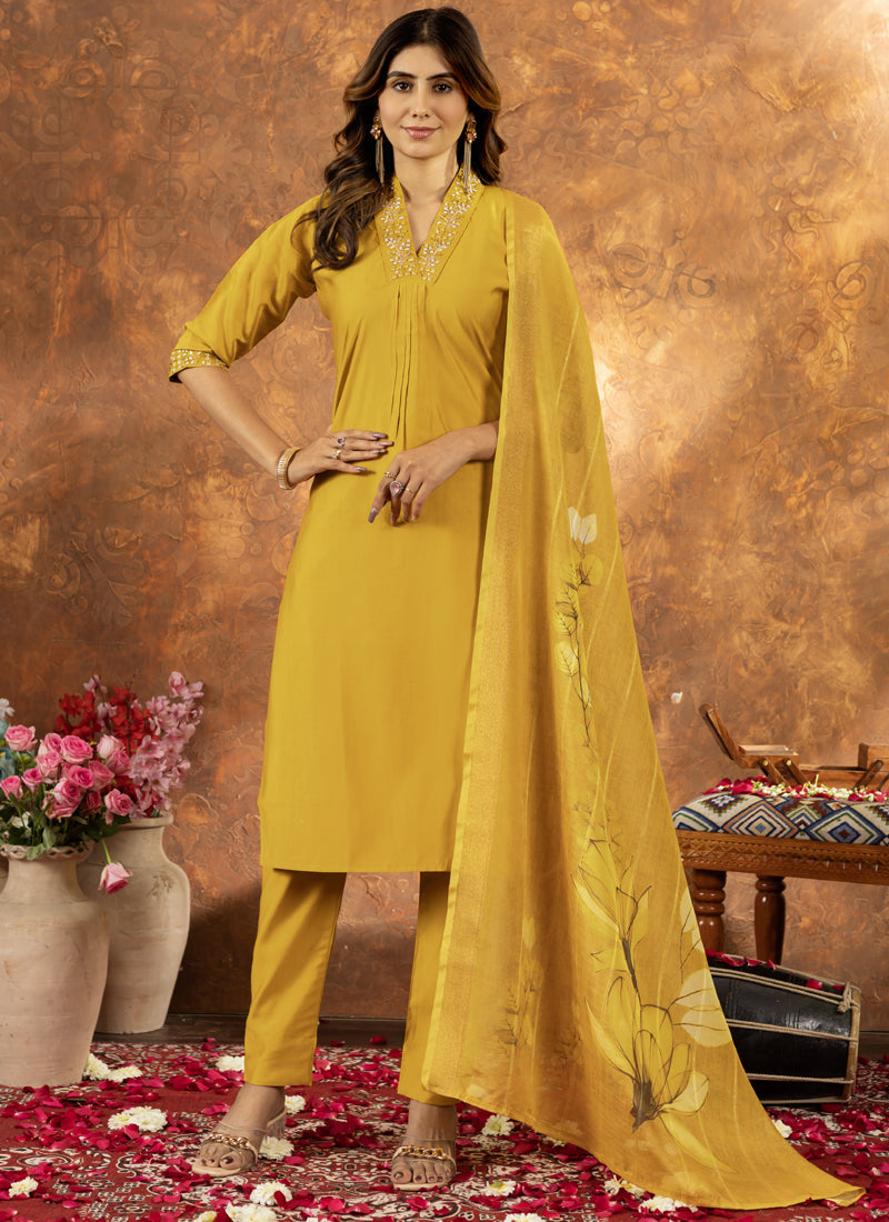 Prazu Fashion Yellow Roman Silk Thread Embroidered Sequence Kurta Set | Grocsy