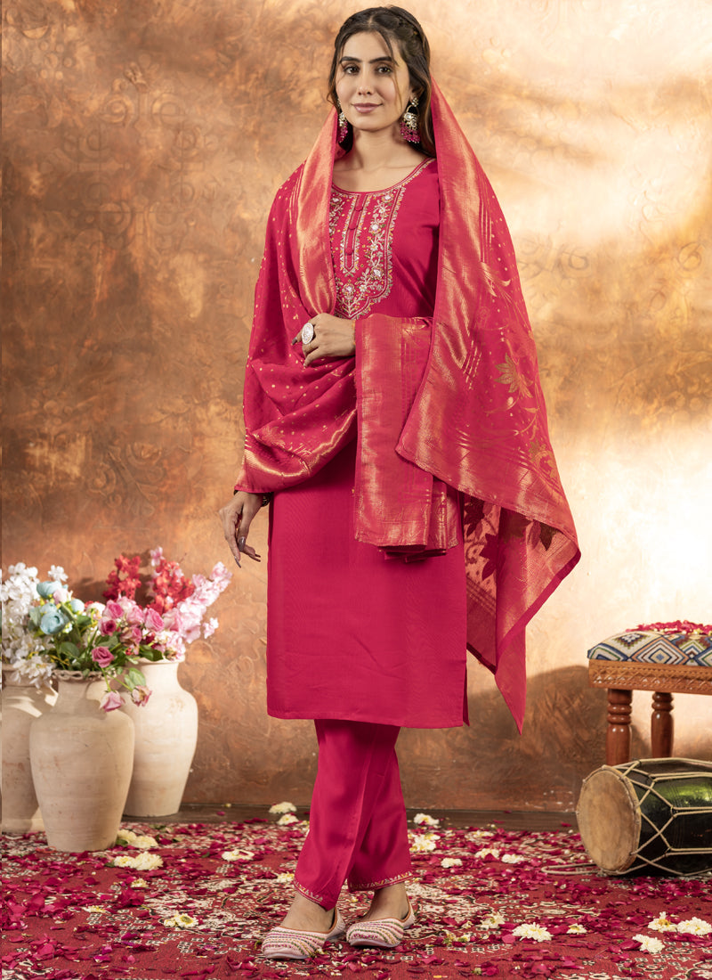 Prazu Fashion Pink Marina Silk Thread Embroidered Kurta Set | Grocsy